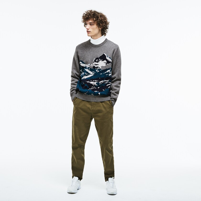 Suéteres Cinzentas Verdes Azuis Branco Masculino Lacoste Crew Neck Alpine Print Wool And Cotton Jacquard JK0-97599Y3