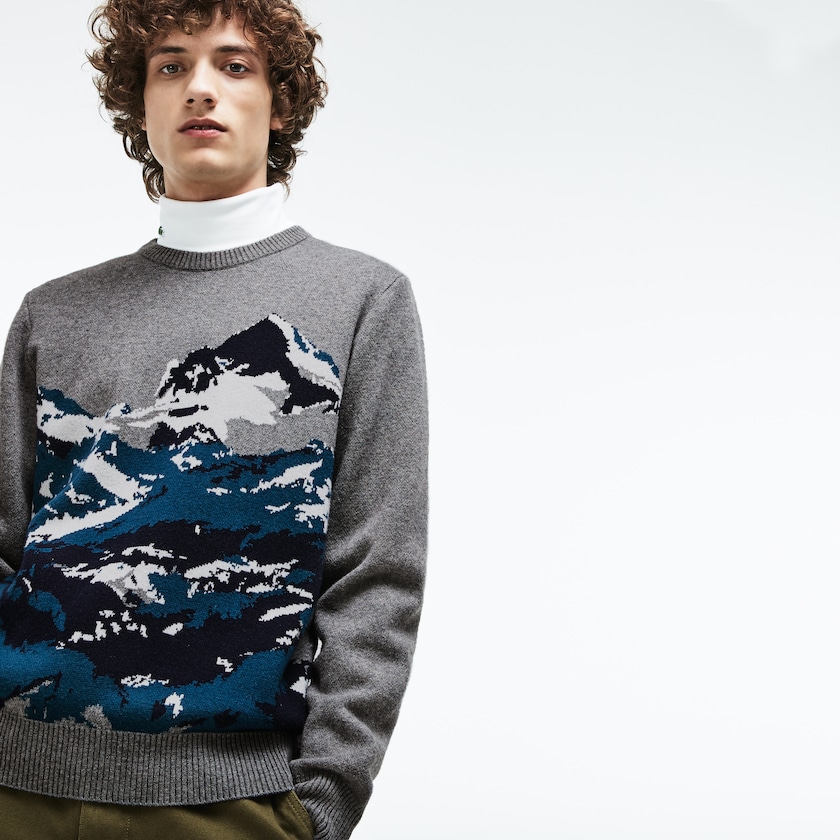 Suéteres Cinzentas Verdes Azuis Branco Masculino Lacoste Crew Neck Alpine Print Wool And Cotton Jacquard JK0-97599Y3