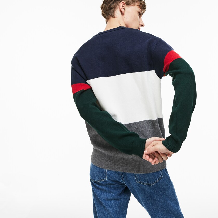 Suéteres Cinzentas Branco Azuis Vermelhas Verdes Masculino Lacoste Crew Neck Colorblock Flat Ribbed Cotton ZK3-45494F8