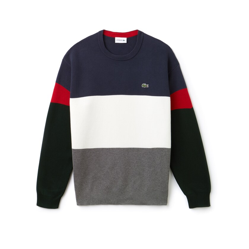 Suéteres Cinzentas Branco Azuis Vermelhas Verdes Masculino Lacoste Crew Neck Colorblock Flat Ribbed Cotton ZK3-45494F8