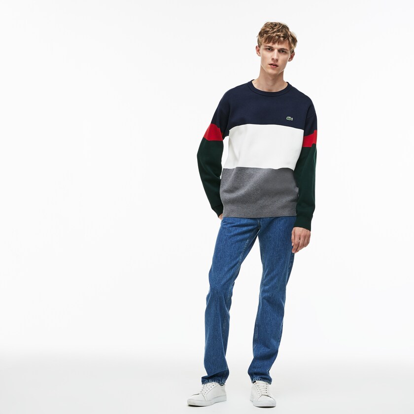 Suéteres Cinzentas Branco Azuis Vermelhas Verdes Masculino Lacoste Crew Neck Colorblock Flat Ribbed Cotton ZK3-45494F8