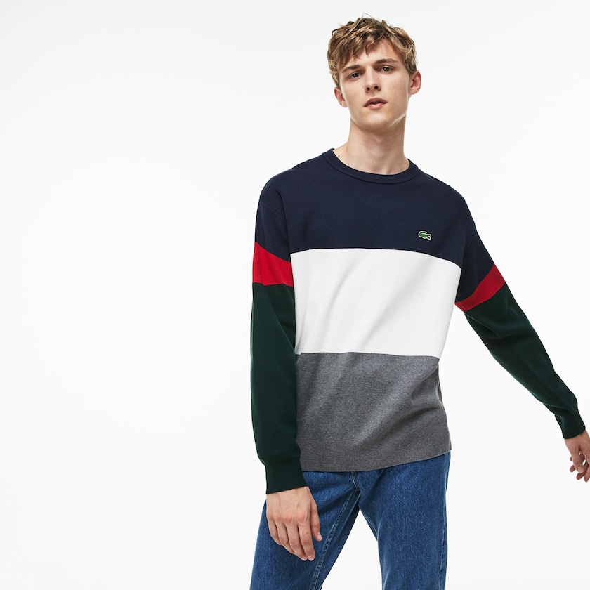 Suéteres Cinzentas Branco Azuis Vermelhas Verdes Masculino Lacoste Crew Neck Colorblock Flat Ribbed Cotton ZK3-45494F8