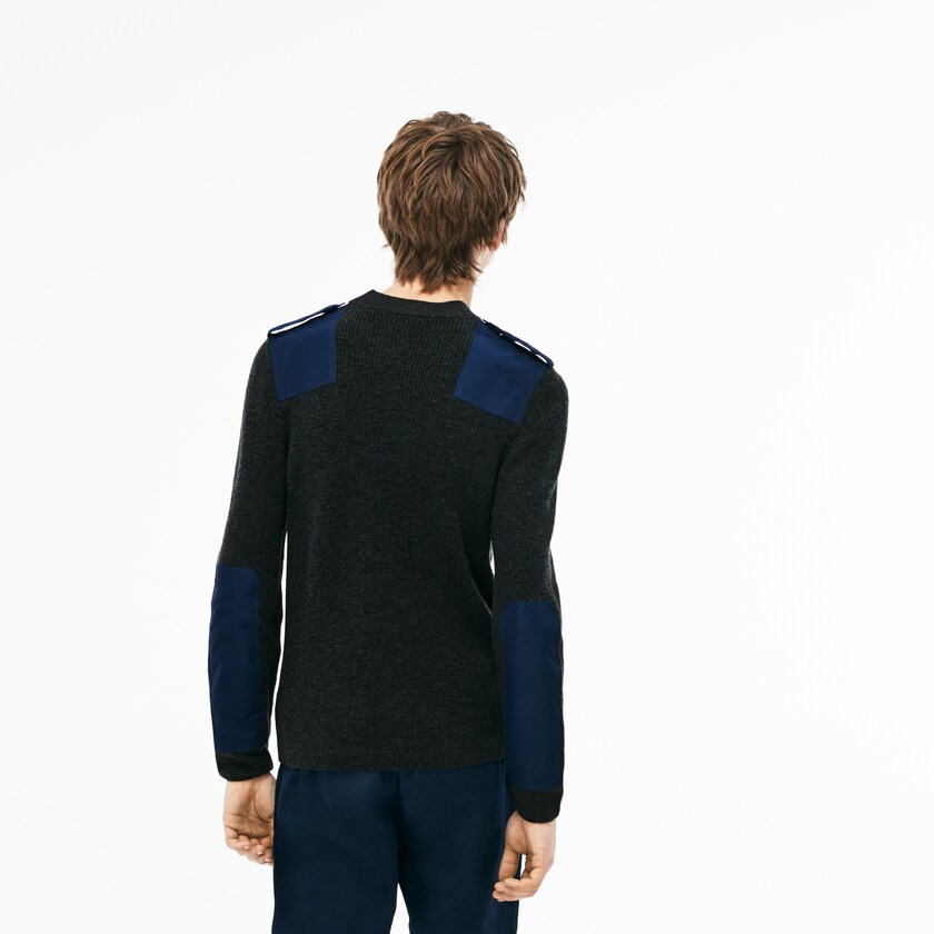 Suéteres Cinzentas Azul Marinho Azuis Masculino Lacoste Crew Neck Colorblock Ribbed Wool And Cotton LT2-03690Z4
