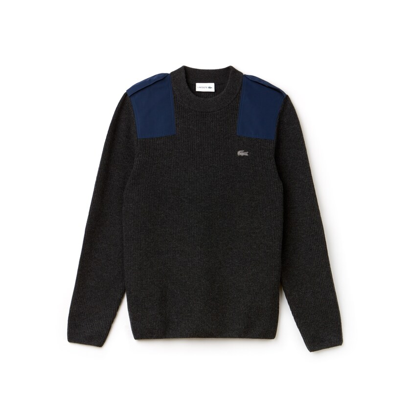 Suéteres Cinzentas Azul Marinho Azuis Masculino Lacoste Crew Neck Colorblock Ribbed Wool And Cotton LT2-03690Z4