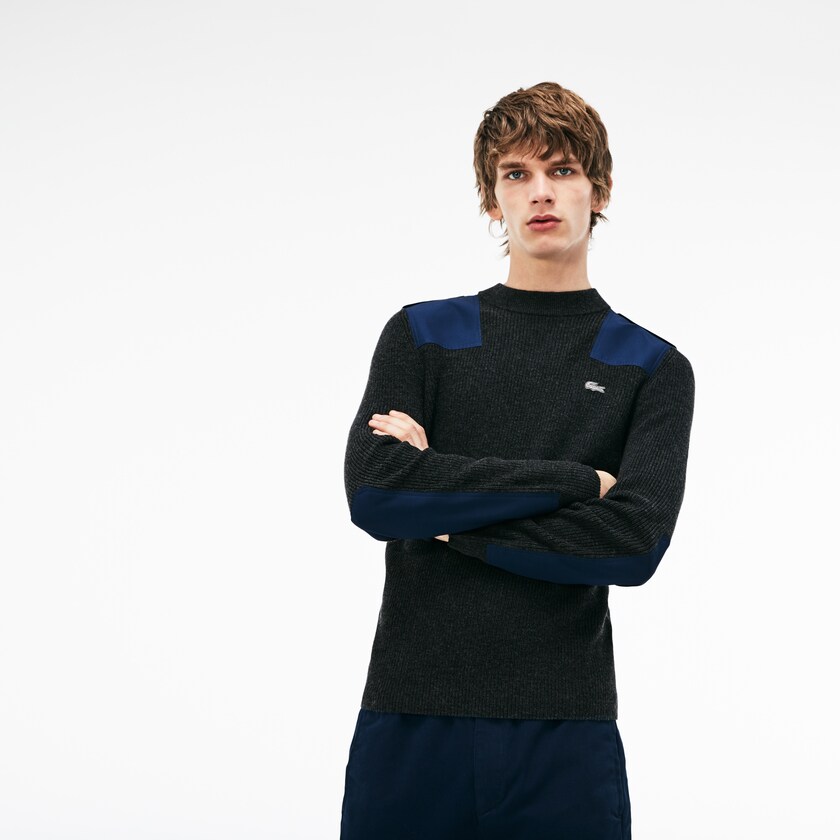 Suéteres Cinzentas Azul Marinho Azuis Masculino Lacoste Crew Neck Colorblock Ribbed Wool And Cotton LT2-03690Z4