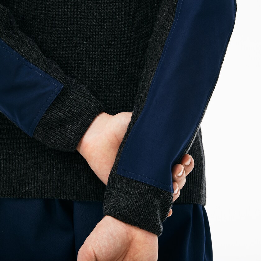 Suéteres Cinzentas Azul Marinho Azuis Masculino Lacoste Crew Neck Colorblock Ribbed Wool And Cotton LT2-03690Z4