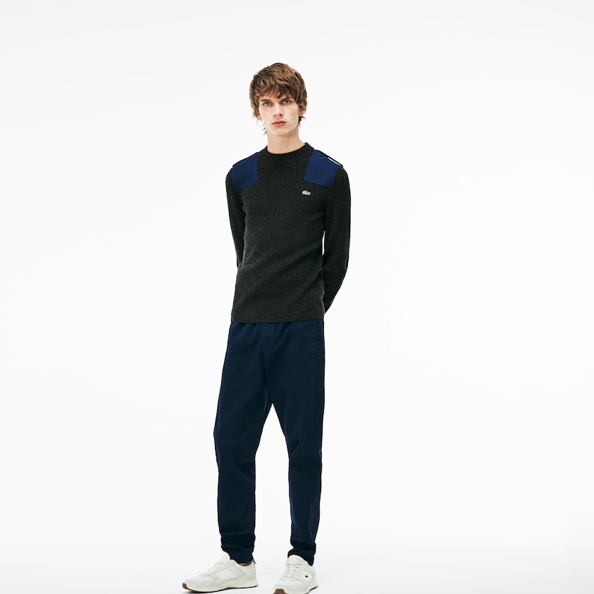 Suéteres Cinzentas Azul Marinho Azuis Masculino Lacoste Crew Neck Colorblock Ribbed Wool And Cotton LT2-03690Z4