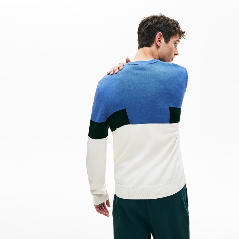 Suéteres Branco Azuis Verdes Masculino Lacoste Crew Neck Colorblock Wool And Cotton Blend QG7-10581K9