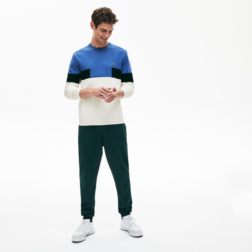 Suéteres Branco Azuis Verdes Masculino Lacoste Crew Neck Colorblock Wool And Cotton Blend QG7-10581K9