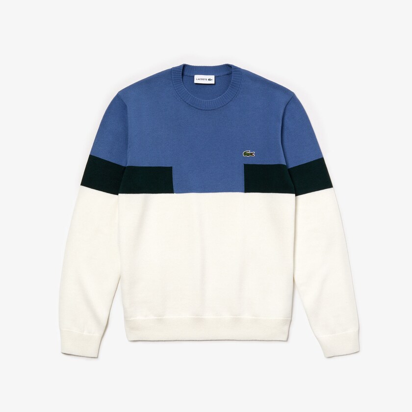 Suéteres Branco Azuis Verdes Masculino Lacoste Crew Neck Colorblock Wool And Cotton Blend QG7-10581K9