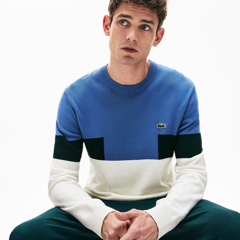 Suéteres Branco Azuis Verdes Masculino Lacoste Crew Neck Colorblock Wool And Cotton Blend QG7-10581K9
