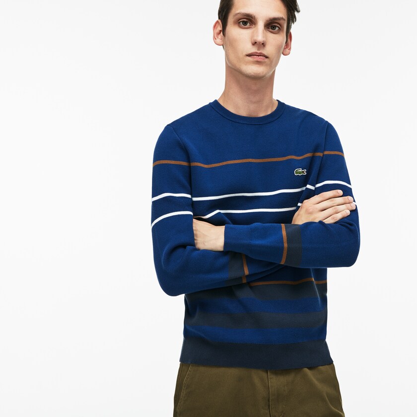Suéteres Azul Marinho Azuis Azuis Marrom Branco Masculino Lacoste Crew Neck Multicolor Striped Milano Cotton YR1-45344U1