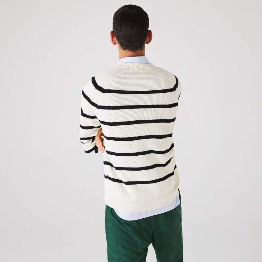 Suéteres Branco Azul Marinho Azuis Masculino Lacoste Crew Neck Striped Ribbed Wool SD4-31763R9
