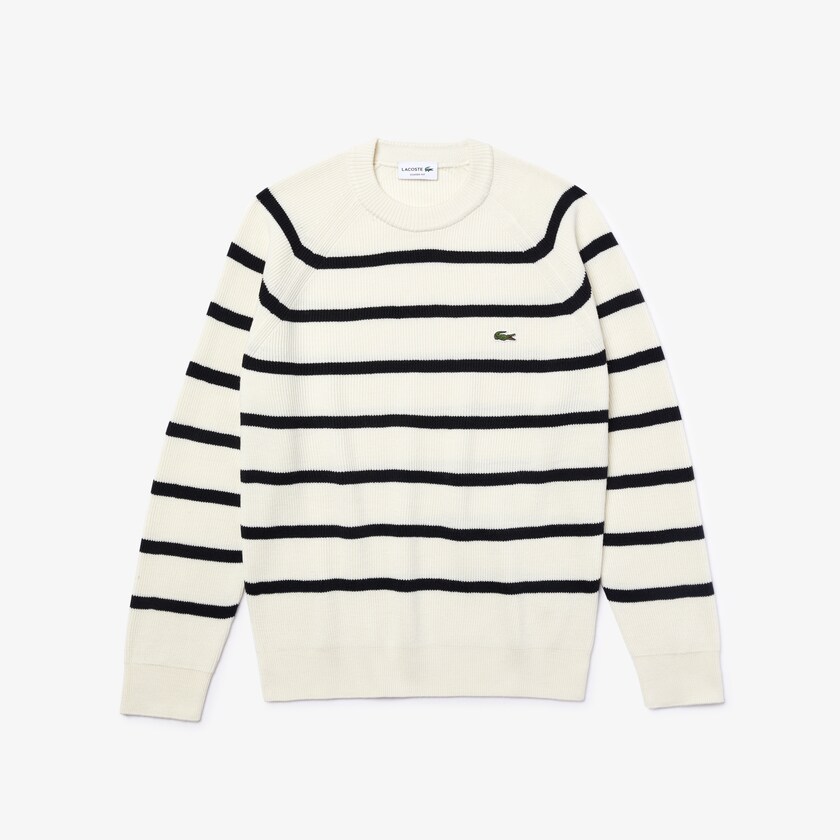 Suéteres Branco Azul Marinho Azuis Masculino Lacoste Crew Neck Striped Ribbed Wool SD4-31763R9