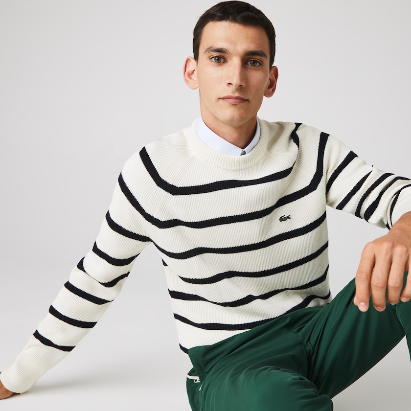 Suéteres Branco Azul Marinho Azuis Masculino Lacoste Crew Neck Striped Ribbed Wool SD4-31763R9