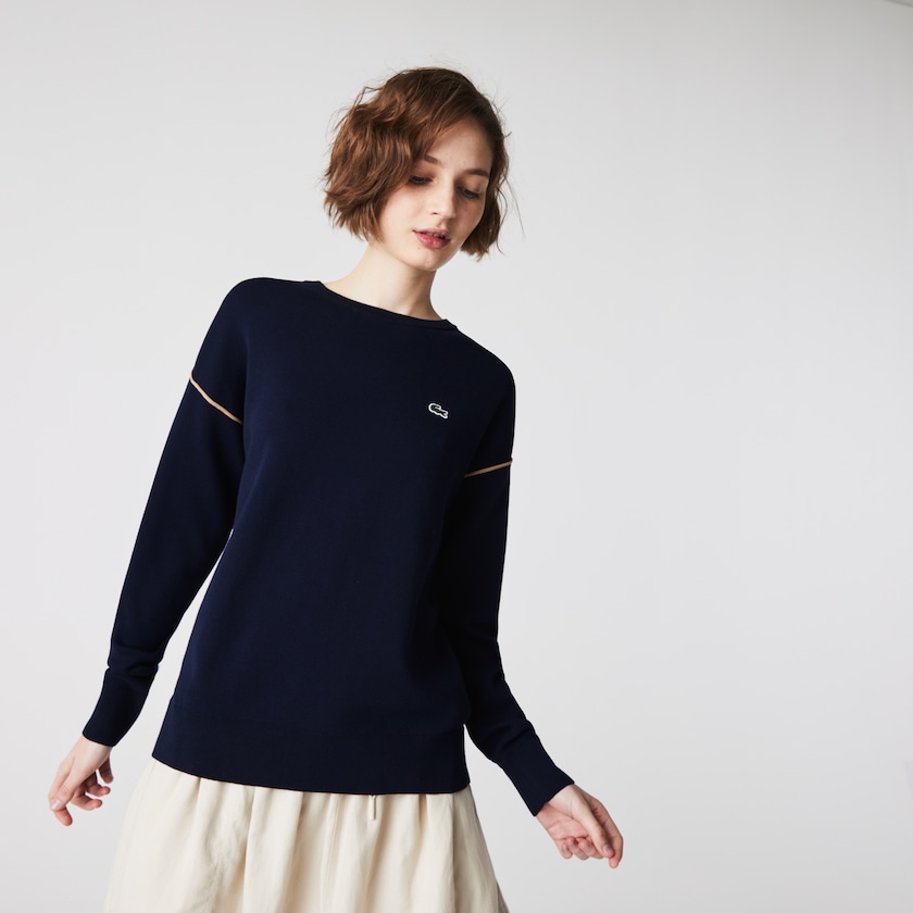 Suéteres Azul Marinho Azuis Bege Feminino Lacoste Crewneck Cotton BD6-51745Y2