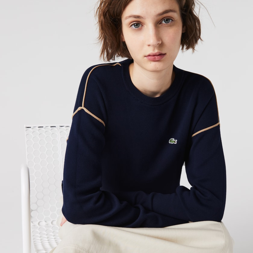 Suéteres Azul Marinho Azuis Bege Feminino Lacoste Crewneck Cotton BD6-51745Y2