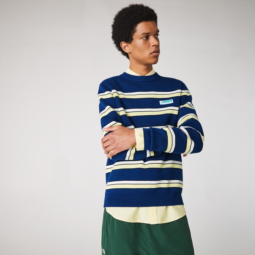 Suéteres Azuis Branco Masculino Lacoste LIVE Striped Cotton Crew Neck LE7-18661K7