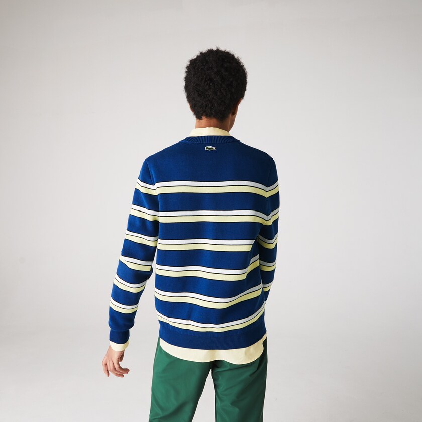 Suéteres Azuis Branco Masculino Lacoste LIVE Striped Cotton Crew Neck LE7-18661K7