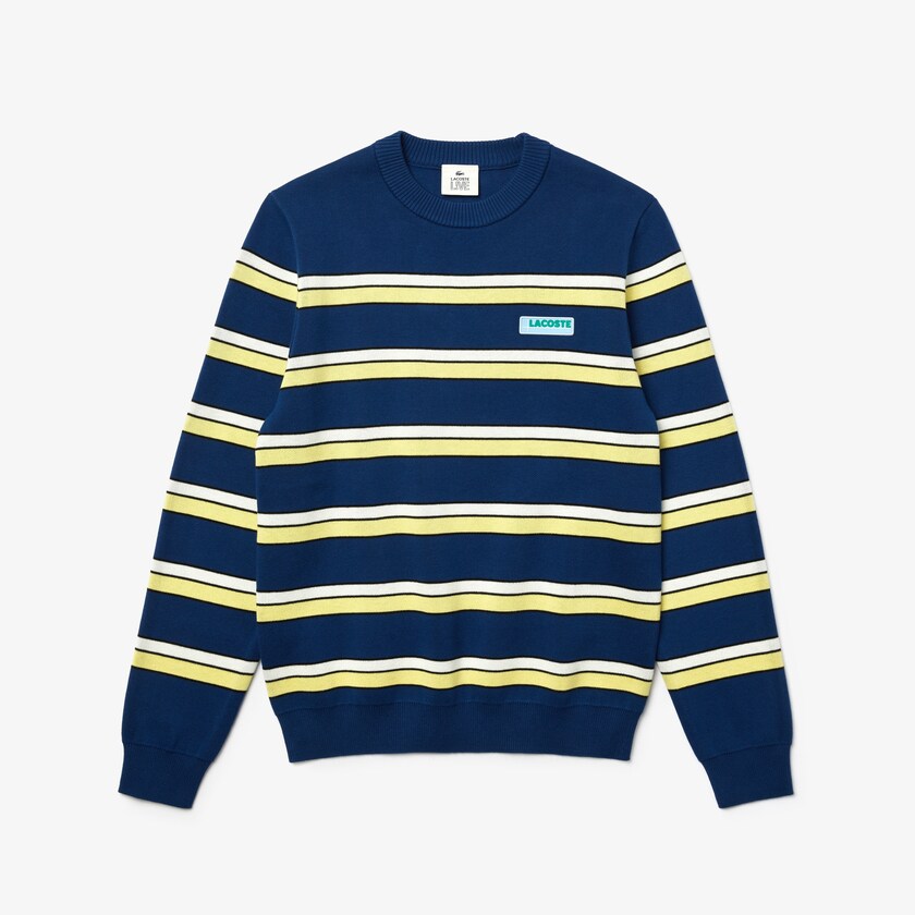 Suéteres Azuis Branco Masculino Lacoste LIVE Striped Cotton Crew Neck LE7-18661K7