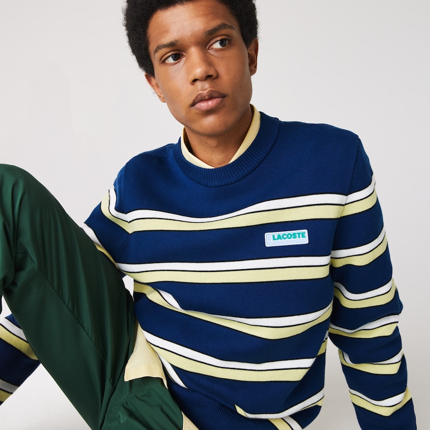 Suéteres Azuis Branco Masculino Lacoste LIVE Striped Cotton Crew Neck LE7-18661K7
