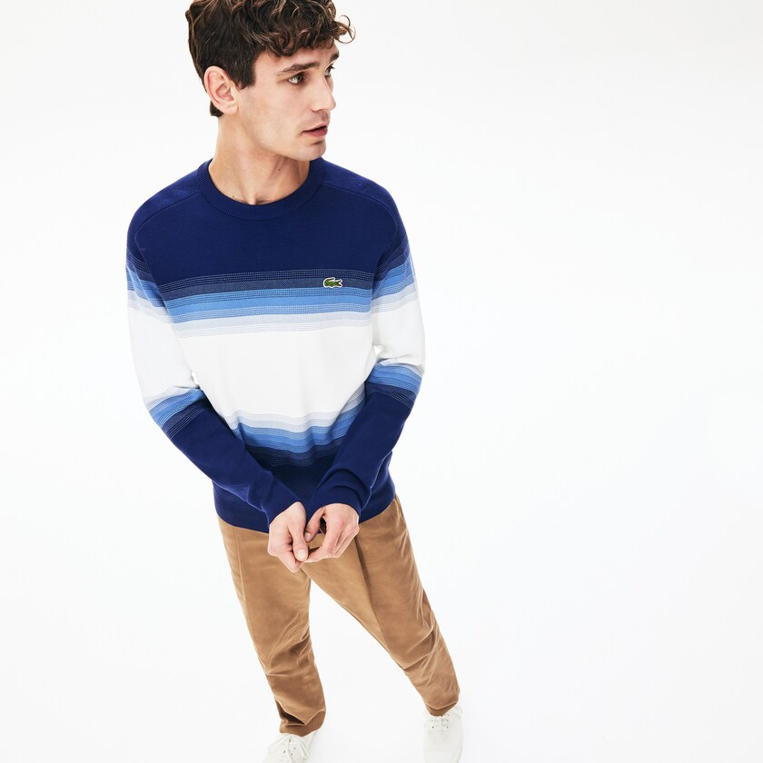 Suéteres Azul Marinho Azuis Azuis Branco Masculino Lacoste Made In France Degraded Cotton Crew Neck ZA0-22772J5