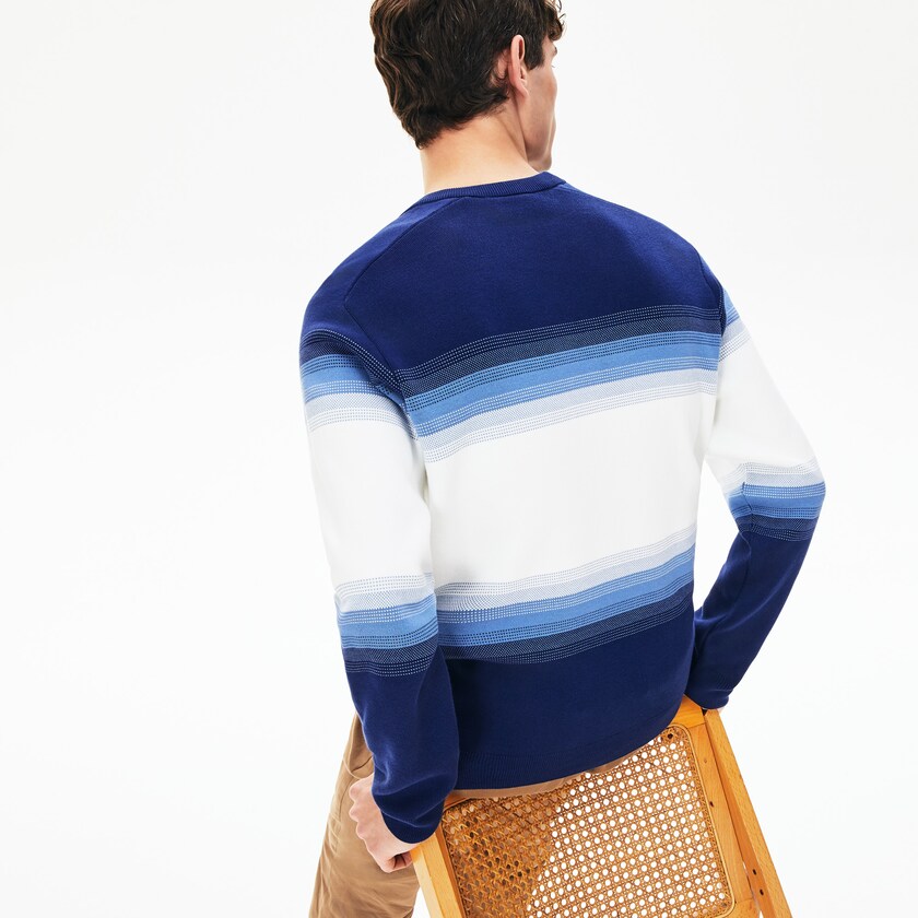 Suéteres Azul Marinho Azuis Azuis Branco Masculino Lacoste Made In France Degraded Cotton Crew Neck ZA0-22772J5