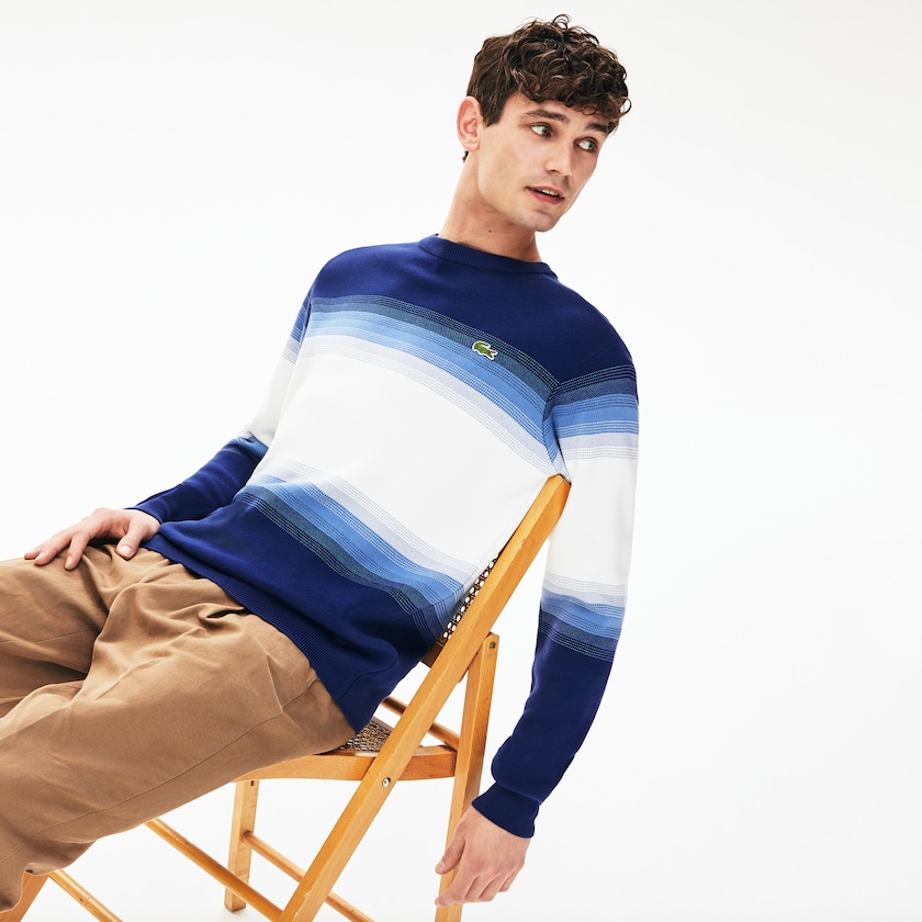 Suéteres Azul Marinho Azuis Azuis Branco Masculino Lacoste Made In France Degraded Cotton Crew Neck ZA0-22772J5