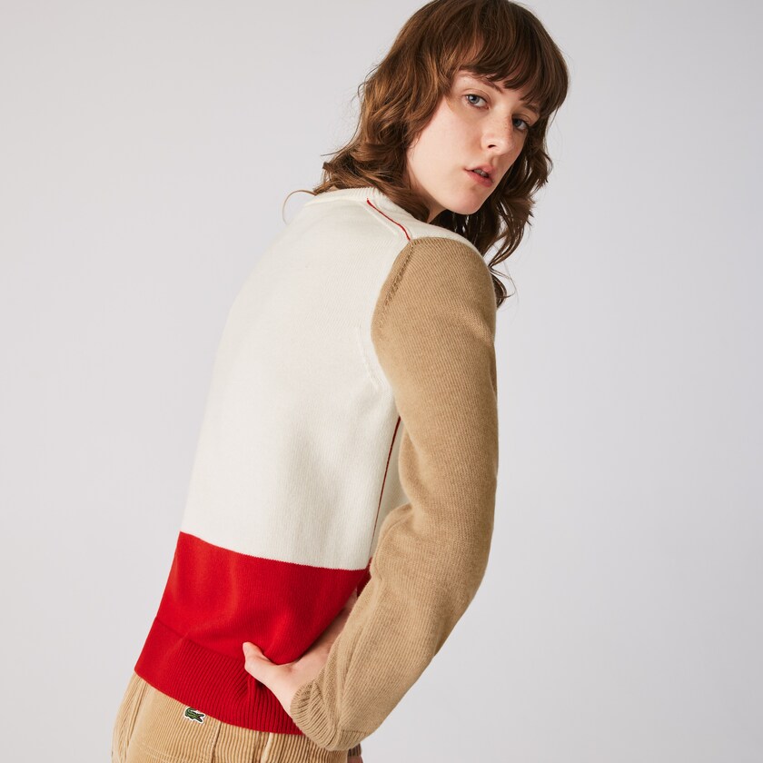 Suéteres Vermelhas Branco Bege Feminino Lacoste Made in France Crew Neck Colourblock Wool CX1-36163X8