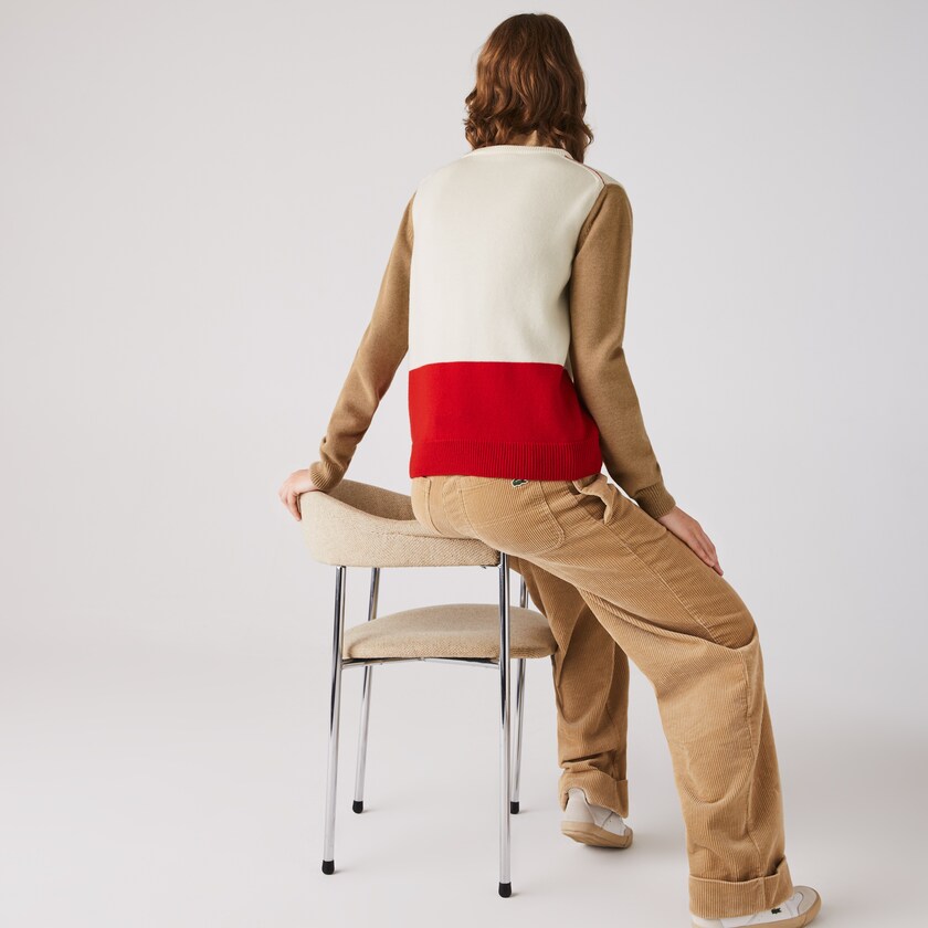 Suéteres Vermelhas Branco Bege Feminino Lacoste Made in France Crew Neck Colourblock Wool CX1-36163X8