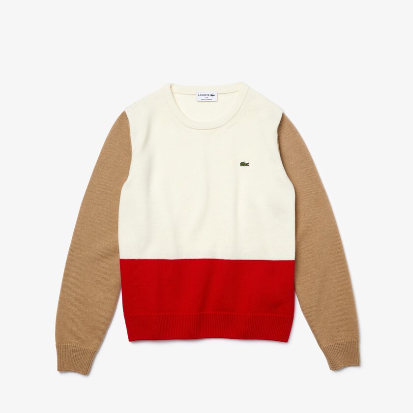 Suéteres Vermelhas Branco Bege Feminino Lacoste Made in France Crew Neck Colourblock Wool CX1-36163X8