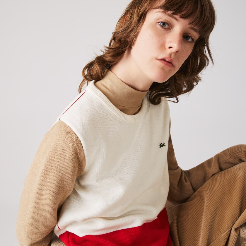 Suéteres Vermelhas Branco Bege Feminino Lacoste Made in France Crew Neck Colourblock Wool CX1-36163X8