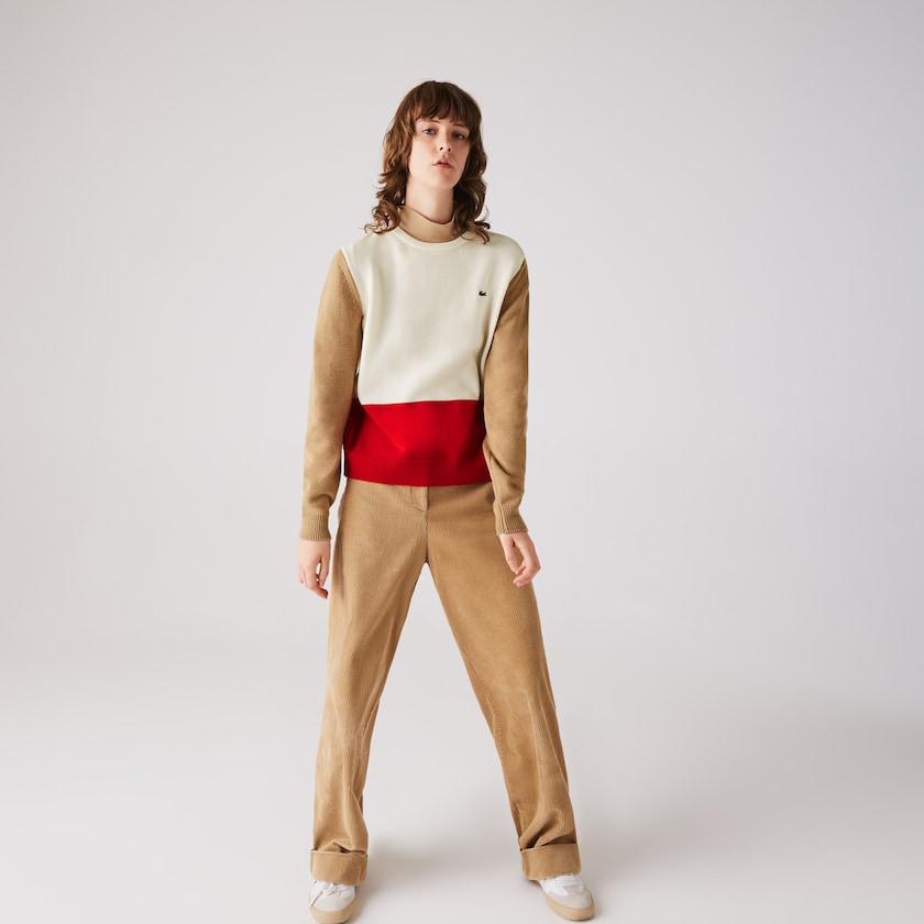 Suéteres Vermelhas Branco Bege Feminino Lacoste Made in France Crew Neck Colourblock Wool CX1-36163X8