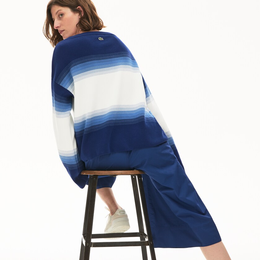 Suéteres Azul Marinho Azuis Azuis Branco Feminino Lacoste Made in France Organic Loose Fit Ombré-Stripe QX8-00440Y3