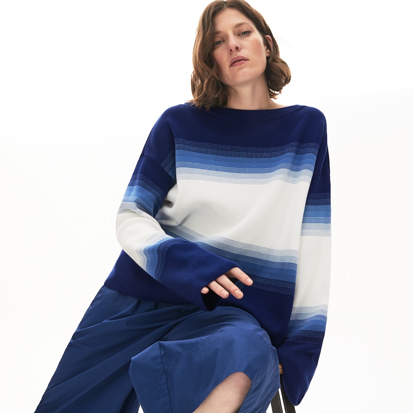 Suéteres Azul Marinho Azuis Azuis Branco Feminino Lacoste Made in France Organic Loose Fit Ombré-Stripe QX8-00440Y3