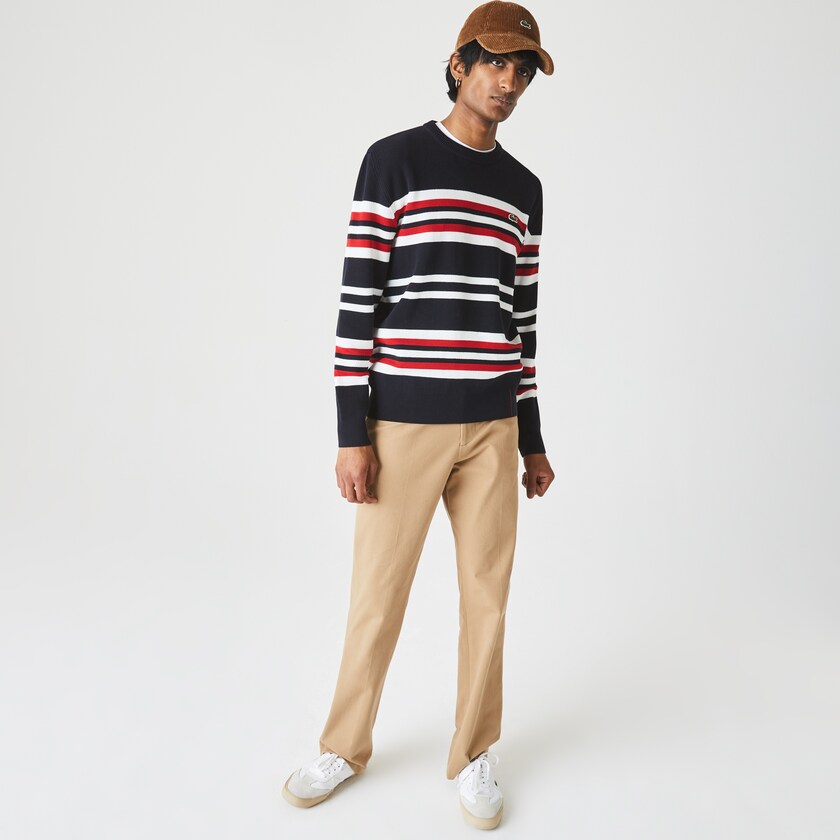 Suéteres Azul Marinho Azuis Branco Vermelhas Masculino Lacoste Made in France Striped Organic Cotton Crew Neck RO8-37673H1