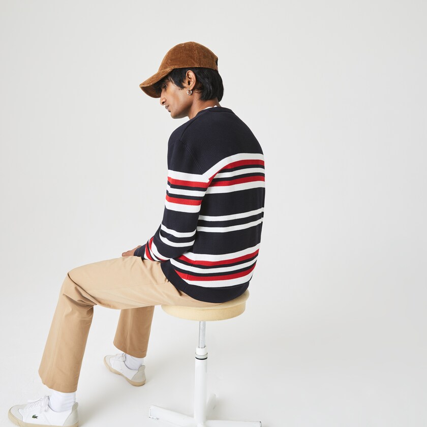 Suéteres Azul Marinho Azuis Branco Vermelhas Masculino Lacoste Made in France Striped Organic Cotton Crew Neck RO8-37673H1
