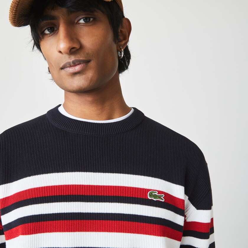 Suéteres Azul Marinho Azuis Branco Vermelhas Masculino Lacoste Made in France Striped Organic Cotton Crew Neck RO8-37673H1