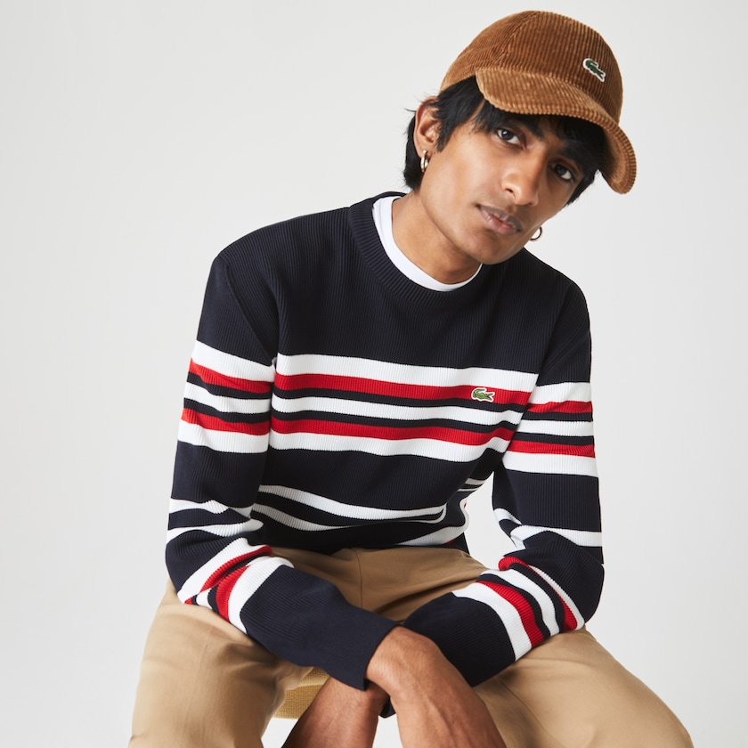 Suéteres Azul Marinho Azuis Branco Vermelhas Masculino Lacoste Made in France Striped Organic Cotton Crew Neck RO8-37673H1