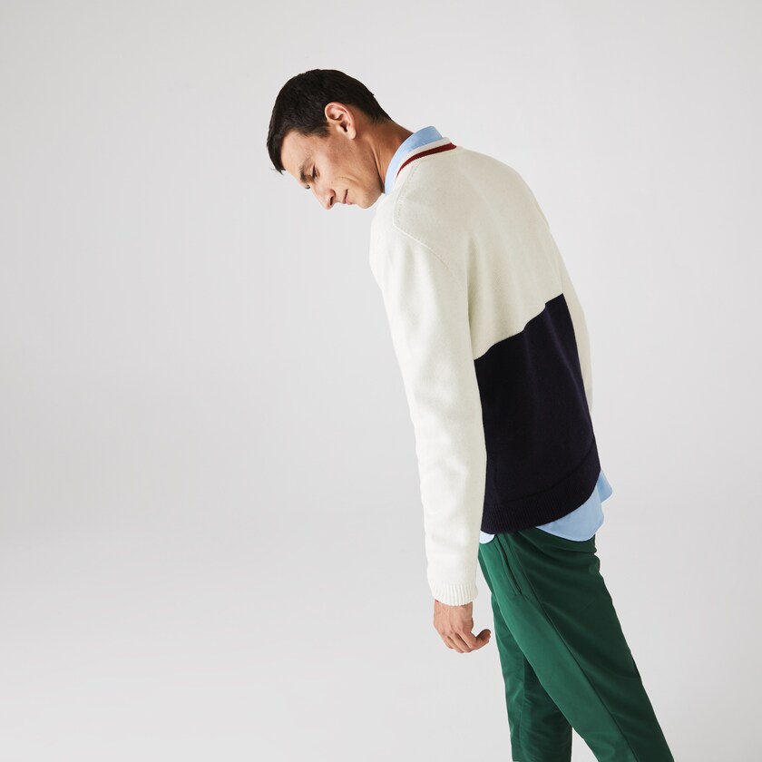 Suéteres Azul Marinho Azuis Branco Vermelhas Escuro Masculino Lacoste Made in France Two-Tone Wool V-Neck DI7-51155O9