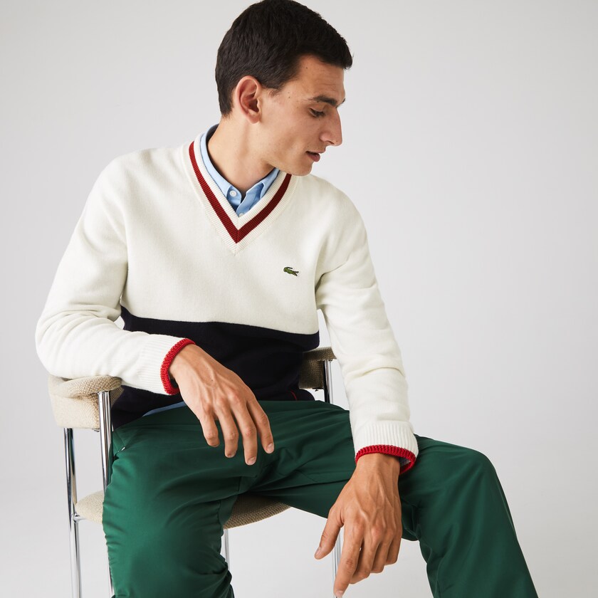 Suéteres Azul Marinho Azuis Branco Vermelhas Escuro Masculino Lacoste Made in France Two-Tone Wool V-Neck DI7-51155O9