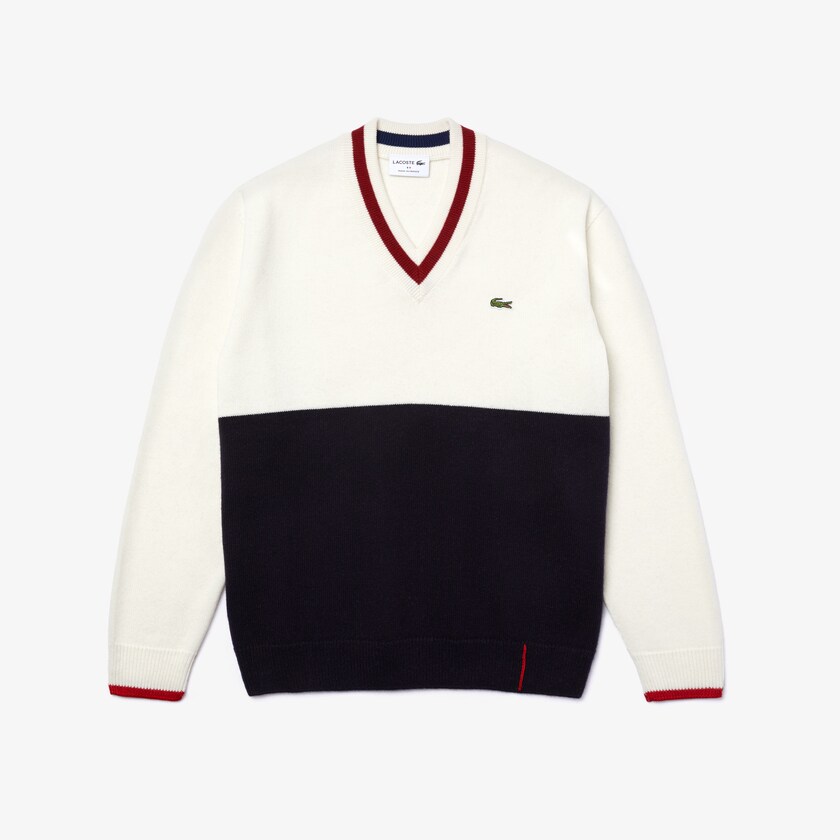 Suéteres Azul Marinho Azuis Branco Vermelhas Escuro Masculino Lacoste Made in France Two-Tone Wool V-Neck DI7-51155O9