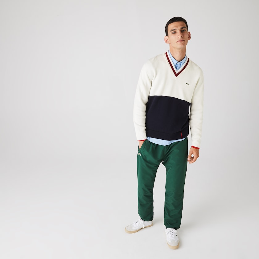 Suéteres Azul Marinho Azuis Branco Vermelhas Escuro Masculino Lacoste Made in France Two-Tone Wool V-Neck DI7-51155O9