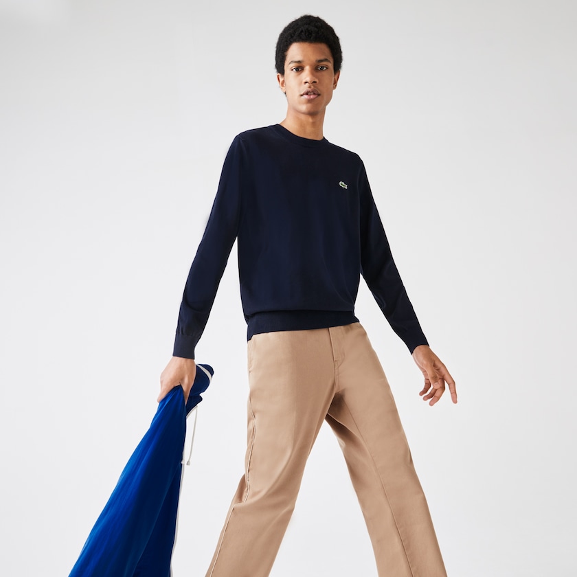 Suéteres Azul Marinho Azuis Masculino Lacoste Organic Cotton Crew Neck YA0-23542I1