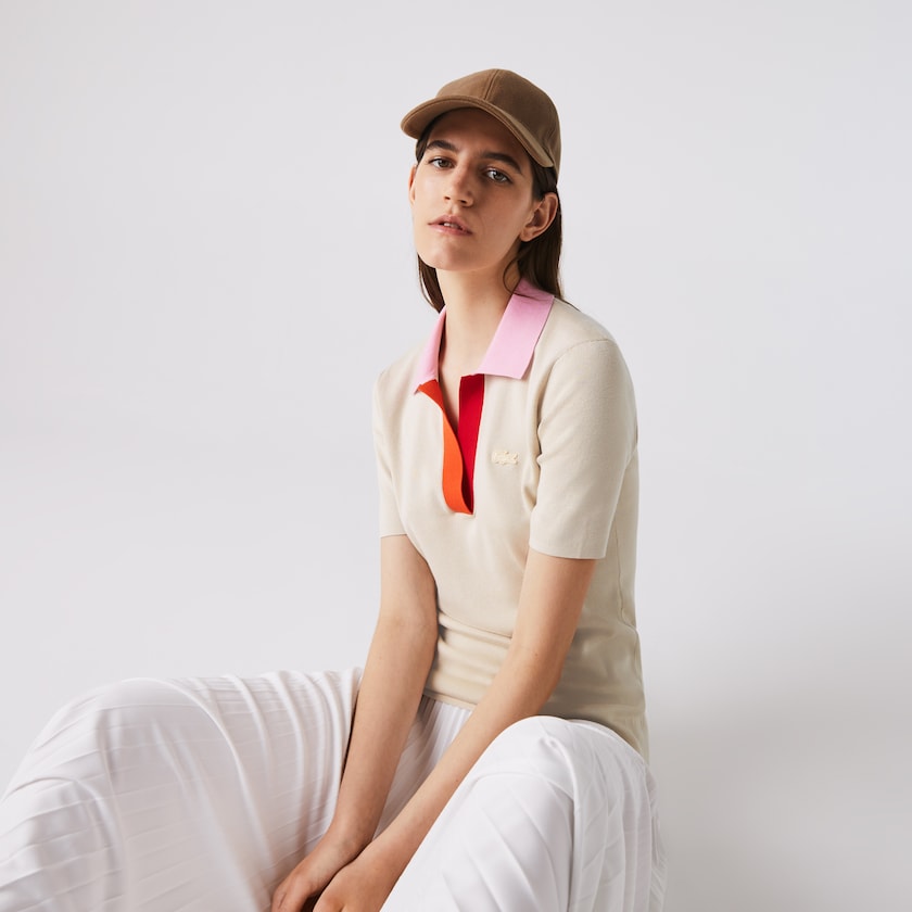 Suéteres Bege Rosa Vermelhas Feminino Lacoste Polo Collar Two-Tone Cotton HE8-44974F2