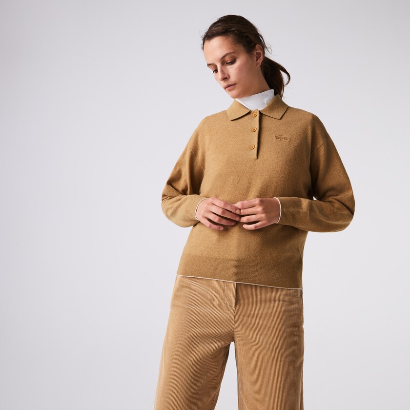Suéteres Bege Feminino Lacoste Polo Collar Wool ZN0-89178Z1