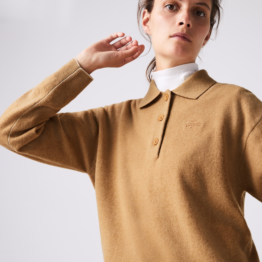 Suéteres Bege Feminino Lacoste Polo Collar Wool ZN0-89178Z1