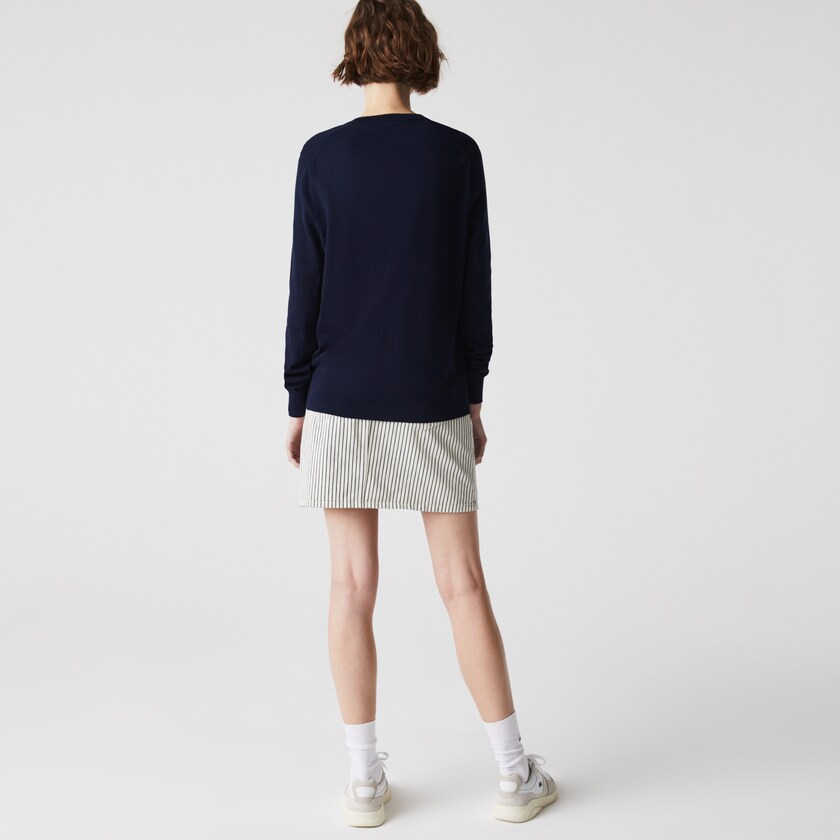 Suéteres Azul Marinho Azuis Feminino Lacoste Relaxed V-Neck Organic Cotton RH3-68136C4