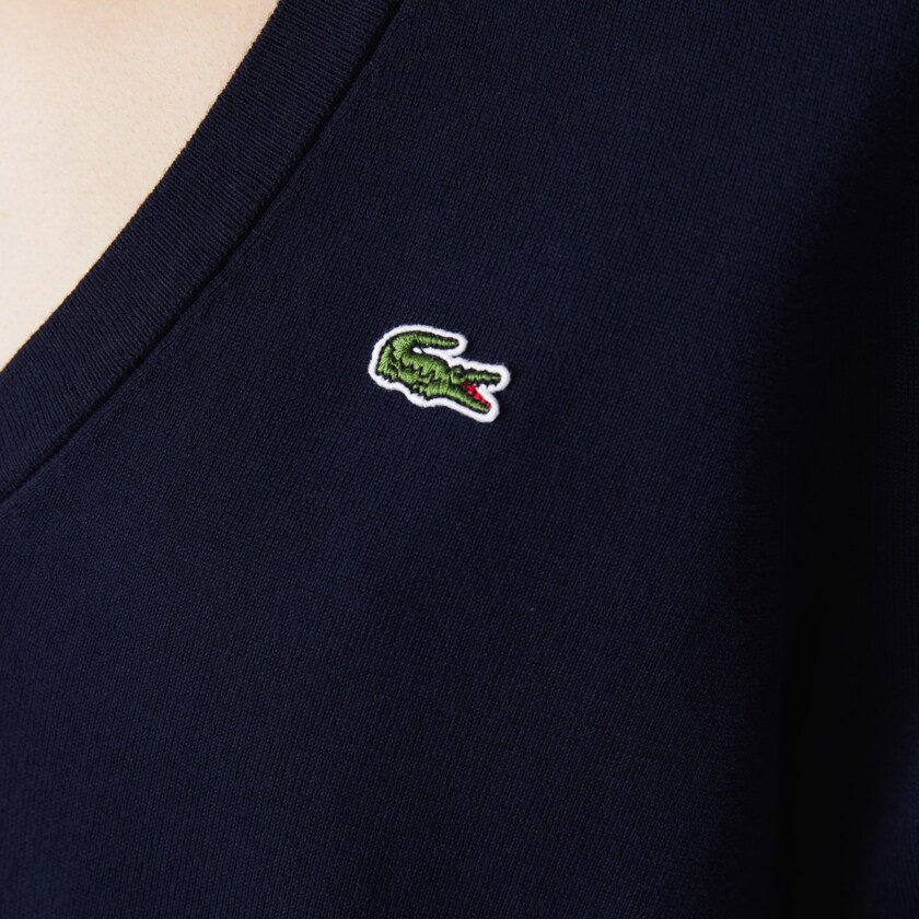 Suéteres Azul Marinho Azuis Feminino Lacoste Relaxed V-Neck Organic Cotton RH3-68136C4