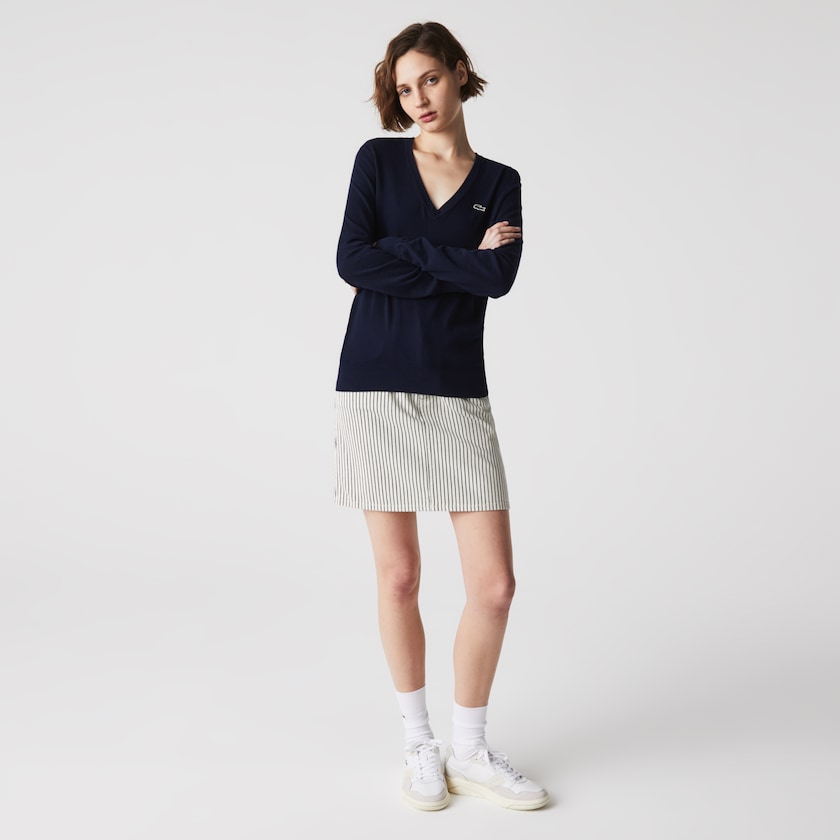 Suéteres Azul Marinho Azuis Feminino Lacoste Relaxed V-Neck Organic Cotton RH3-68136C4
